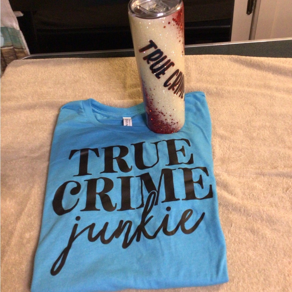 Blue True Crime Junkie Women’s Shirt With True Crime Junkie Tumbler Bundle View 3